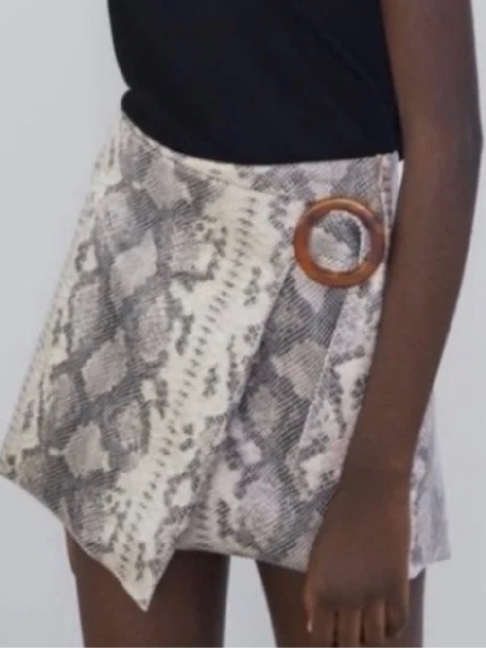 Zara Snake-Print Wrap Skort with Wood Ring - White, Gray, Brown